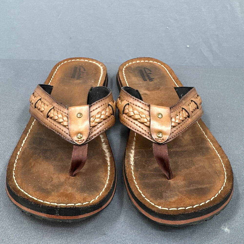 Clarks Fenner Nerice Flip Flop 9 Honey Leather Braided Thong Sandal Boho Beachy - Picture 2 of 11